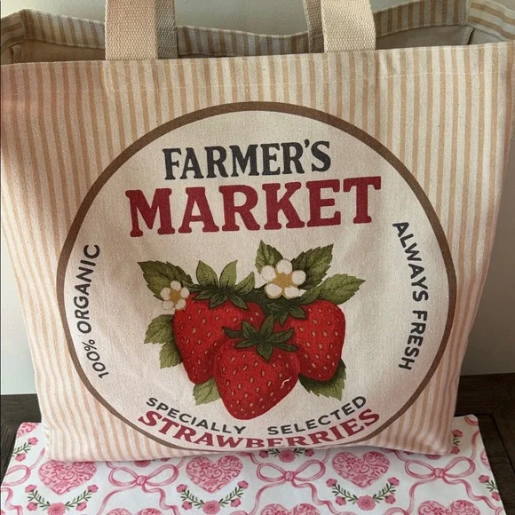NWT-BEADED (one side) Striped Farmer's Market Tote Bag with Strawberry Design - Picture 8 of 14